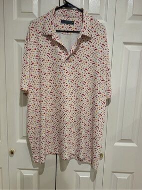 Roundtree & Yorke White Polo with Red and Yellow Micro Print